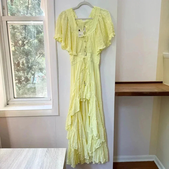 NWT Free People Dancing On Air Maxi Dress Summer Lace Flowy Boho Yellow - Picture 1 of 14